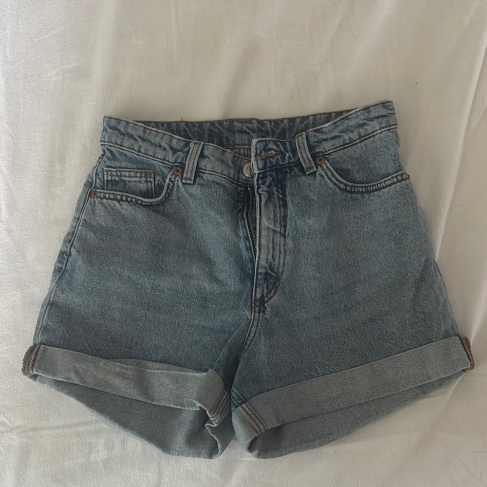 Monki Blue Jean Shorts with High-Waisted Design and Cuffed Hem